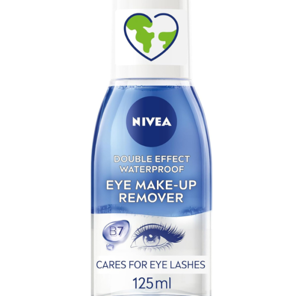 NIVEA Double Effect Waterproof Eye Make-Up Remover (125 ml), Daily Use Face Cleanser for Make-Up and Mascara with Cornflower Extract and Biotin
