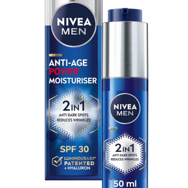NIVEA MEN Anti-Age 2in1 Power Moisturiser (50ml), With SPF 30, Luminous 630, and Hyaluronic Acid for Sun Protection, Dark Spot Prevention, and Younger-Looking Skin