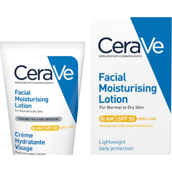 CeraVe AM Facial Moisturising Lotion SPF50 with Ceramides & Vitamin E for Normal to Dry Skin 52ml
