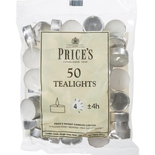 Prices Patent Candles White Tealights Bag, Pack of 50, Wax, l x 3.8cm w x 1.8cm h, Unscented