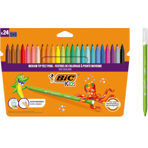 BIC Kids Kid Couleur, Washable Felt Tip Pens, Ideal for School, Assorted Colouring Pens, 24 Count