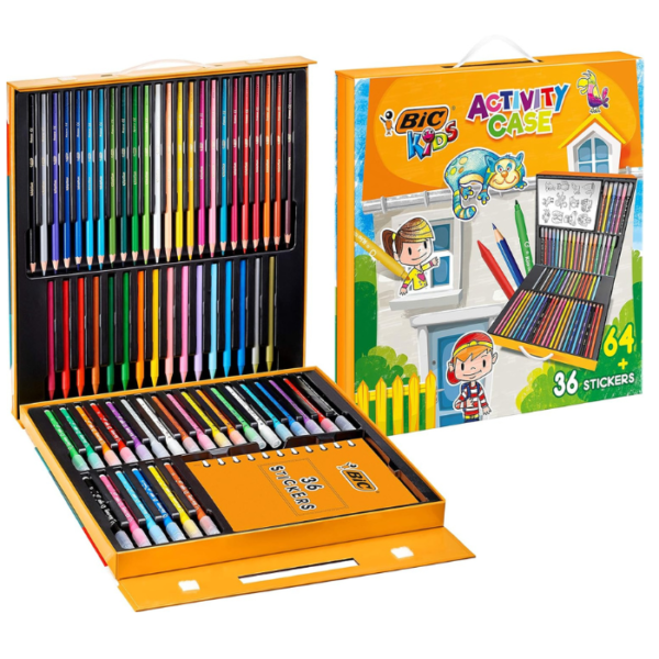 BIC Kids Stationery Activity Set and Carry Case, 64 Colouring Items (Colouring Pencils, Felt Pens and Crayons)