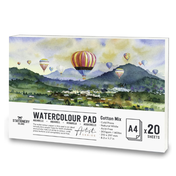 STATIONERY ISLAND Watercolour Paper Pad A4 Cotton Blend, 300gsm Water Colour Paper 20 Sheets Watercolour Sketchbook for Artist and Beginners Painting, Drawing and Sketching
