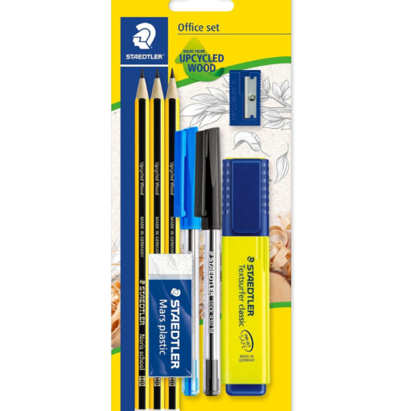 STAEDTLER 60 BK-4 Noris Office Set - Assorted Stationery Pack with 3 Graphite Pencils, 2 Pens, Highlighter, Eraser & Sharpener
